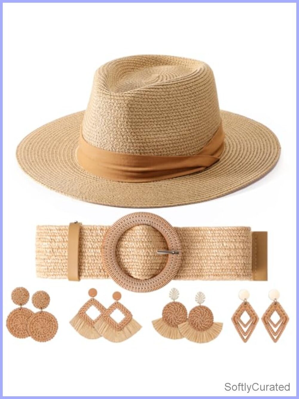 6-pc Sun Protection Set: Straw Hat, Belt, 4 Pairs Earrings